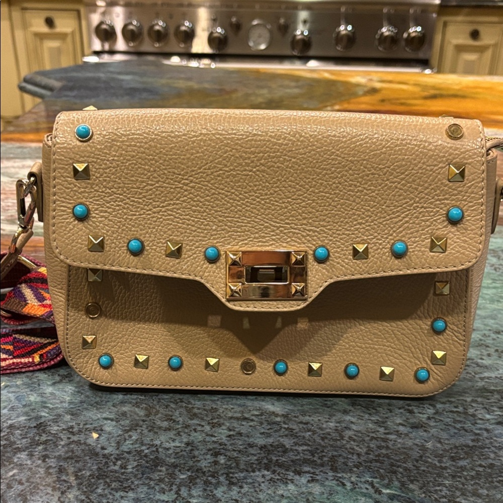 Vera Pella Tan Crossbody Bag with Turquoise and Gold Studs